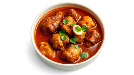 Top view of Indian mutton leg pieces curry in bowl.