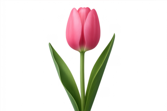 Pink tulip flower blooming with green leaves