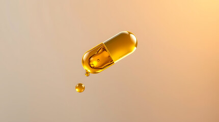 Close-up macro of levitating yellow vitamin capsule, Vitamin D3 or Omega-3, disintegrating shell revealing golden oil droplets.
