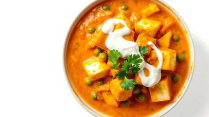 Top view of Indian Matar Paneer curry in bowl.