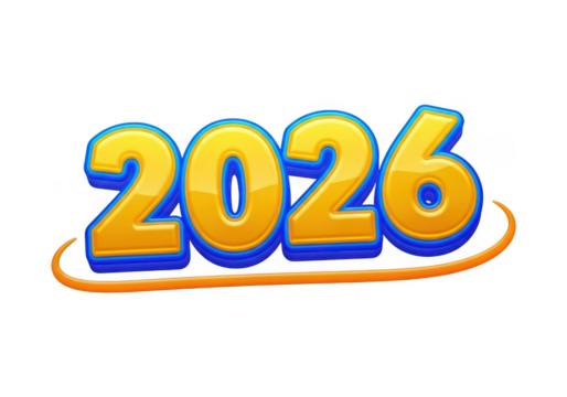 Bold yellow and blue 3d number 2026 isolated on transparent background