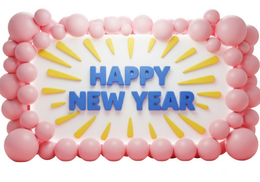 Happy new year text with pink balloons and yellow rays isolated on transparent background