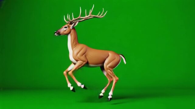 Animated deer with large antlers leaping against a vibrant green screen background in a studio setting deer green screen video