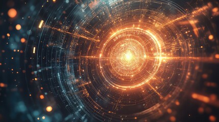 Abstract blue space background with fractal energy, glowing light waves, and futuristic spiral geometry