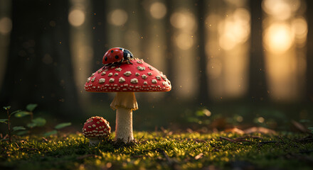 A ladybug rests on a red mushroom in the forest under warm evening light and peaceful natural surroundings.