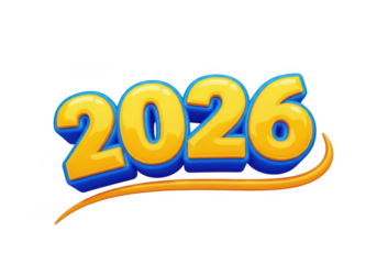 Bright yellow 3d number 2026 with orange swirl isolated on transparent background