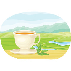 Ceramic teacup filled with warm amber tea sits on a saucer with fresh green tea leaves beside it overlooking a lush green landscape with distant rolling hills and a clear blue sky
