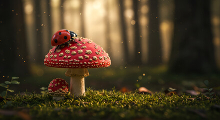 A ladybug rests on a red mushroom in the forest under warm evening light and peaceful natural surroundings.