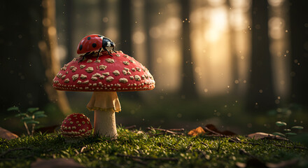 A ladybug rests on a red mushroom in the forest under warm evening light and peaceful natural surroundings.