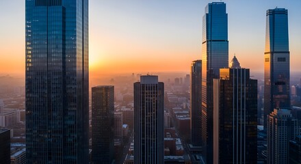 Fototapeta premium Sunrise Over Modern Cityscape With Tall Glass Buildings