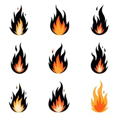 Black Flame Icon Set. Collection of Stylized Fire Silhouettes. Victor illustration eps10