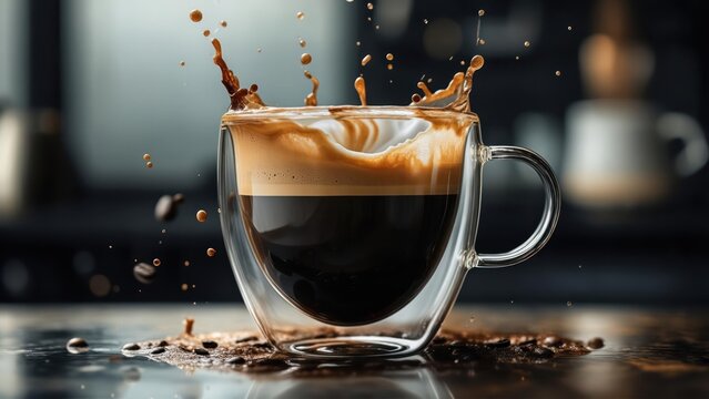Coffee splash in glass cup. Dark, blurry background