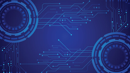Obraz premium Modern abstract technology background in blue tones featuring circuit board lines and circular digital interface design ideal for innovation tech and data related concepts