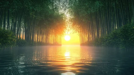 Tableau sur plexiglas Réflexion Bamboo forest reflected in calm water, sun glowing at the end of the path  © Dece Std