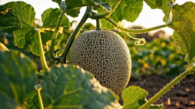 A cantaloupe hangs from a vine surrounded by foliage basking in sunlight