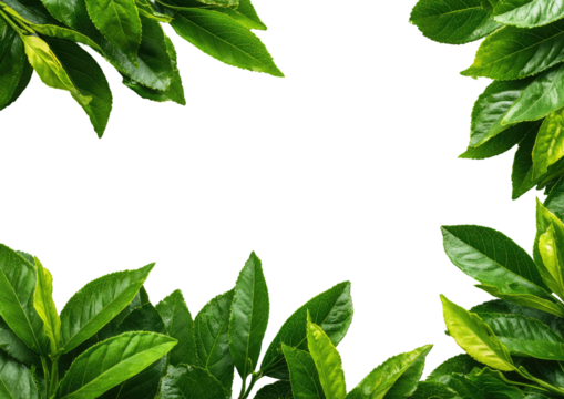 Fresh green leaves frame a black background