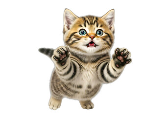 Adorable tabby kitten reaching out with paws isolated on transparent background