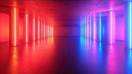 Fototapeta premium Abstract corridor with neon lights reflecting in polished floor, receding into distance