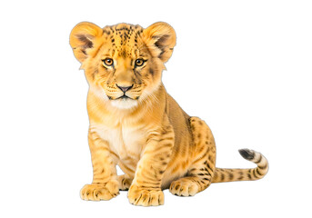 Adorable lion cub sitting isolated on transparent background looking at the camera