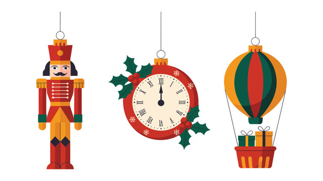 Festive Ornament Collection: A charming set of Christmas ornaments, including a nutcracker soldier, a clock, and a hot air balloon.