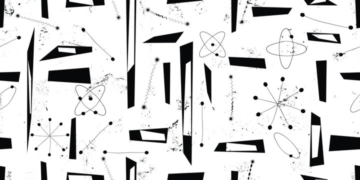 Retro atomic seamless pattern with grainy effect,retro atomic age geometric endless pattern with grunge texture. Vintage space age 1950s wallpaper with distressed background.Mid century vector design.