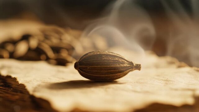 A cardamom seed rests on aged parchment subtly veiled by smoke The scene is captured in soft warm light