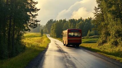 Fototapeta premium Red Bus on Winding Road: Rural Landscape, Golden Light, Serene Journey