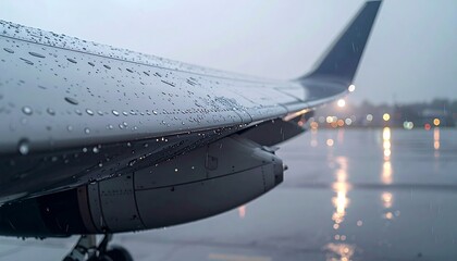 Airplane Wing Under Rain A Wet Day at the Airport, Featuring Water Droplets and Reflection