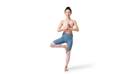 Woman in yoga pose on white background.