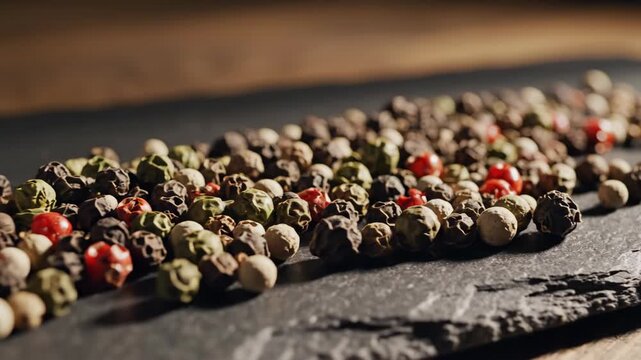 A closeup shows a mix of colorful peppercorns scattered on a rough dark surface set against a blurred wooden backdrop