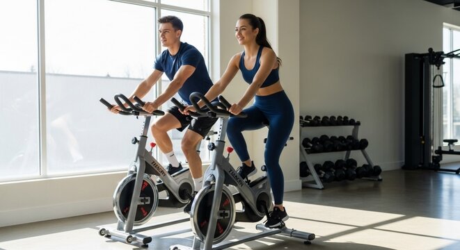 Man and woman exercising on stationary bikes in a gym.