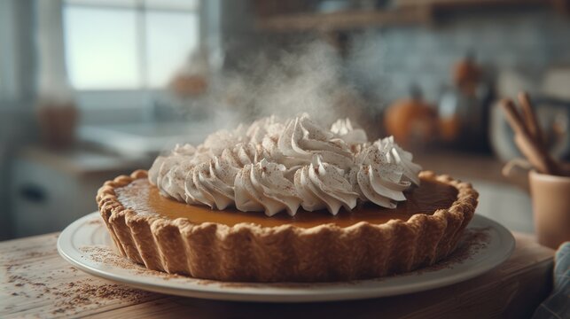 Close-up of steaming pumpkin pie with whipped cream, cinnamon dusting, cozy kitchen background, ultra detailed 8k realism, cinematic - Powered by Adobe