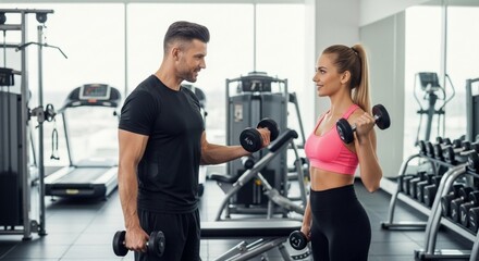 Fototapeta premium Woman working out with dumbbells and personal trainer in gym.