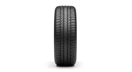 New Automotive Car Tire Standing Upright on a Pristine White Background