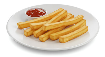Crispy french fries served on a white plate with tasty sauce, set against a clean white background, simple and appetizing.