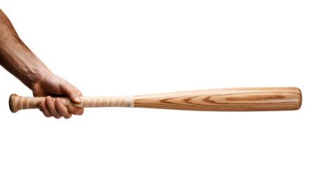 Close-up of a Hand Holding Wooden Baseball Bat Isolated on White Background
