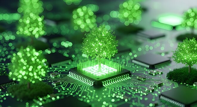 Abstract glowing green circuit board with miniature trees representing technology and nature integration - Powered by Adobe