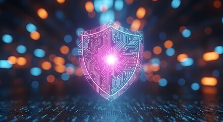 Glowing digital shield representing cybersecurity protection and data security in a futuristic network