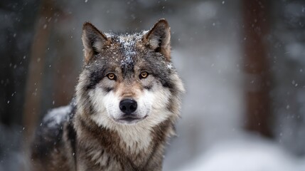 Obraz premium Majestic wolf portrait winter forest scene intense gaze dramatic wildlife photography evokes power and serene beauty