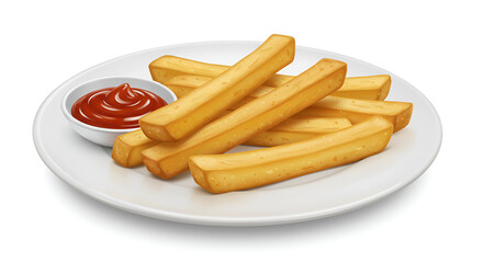 Crispy french fries served on a white plate with tasty sauce, set against a clean white background, simple and appetizing.