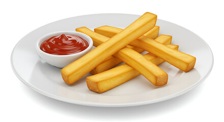 Crispy french fries served on a white plate with tasty sauce, set against a clean white background, simple and appetizing.