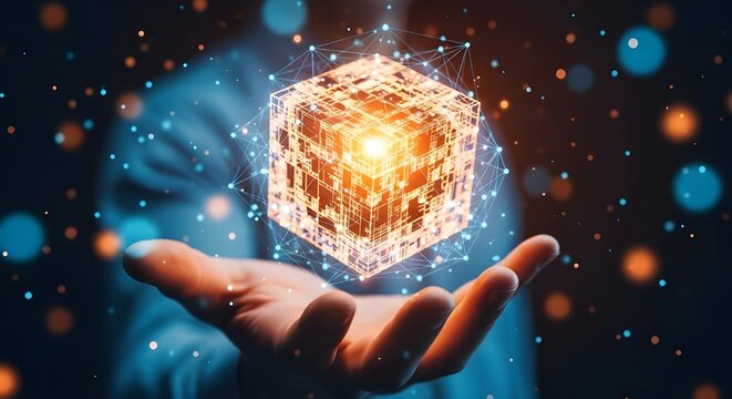 Futuristic glowing cube of light and energy held in a person s open hand - Powered by Adobe
