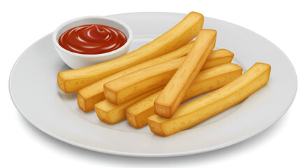 Crispy french fries served on a white plate with tasty sauce, set against a clean white background, simple and appetizing.