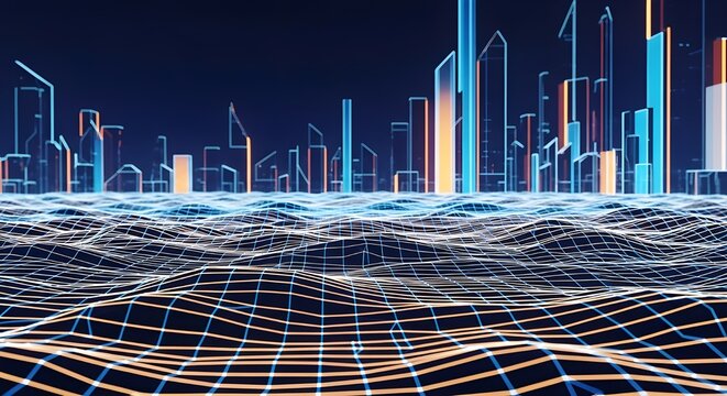 Abstract digital cityscape with glowing neon lights and futuristic data network landscape