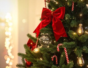 Realistic Close-Up of Decorated Christmas Tree with Ornaments and Lights — Festive Holiday Celebration Background