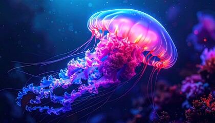 A bioluminescent jellyfish floats in deep, dark ocean waters, its bell a vibrant mix of pink, blue, and purple hues