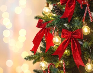 Realistic Close-Up of Decorated Christmas Tree with Ornaments and Lights — Festive Holiday Celebration Background