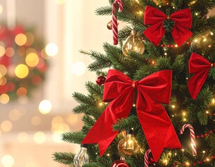 Realistic Close-Up of Decorated Christmas Tree with Ornaments and Lights — Festive Holiday Celebration Background