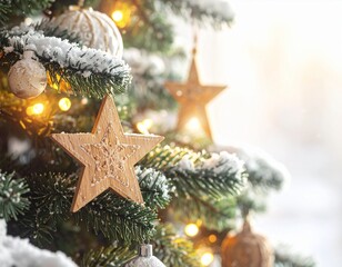 Realistic Close-Up of Decorated Christmas Tree with Ornaments and Lights — Festive Holiday Celebration Background