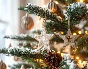 Realistic Close-Up of Decorated Christmas Tree with Ornaments and Lights — Festive Holiday Celebration Background